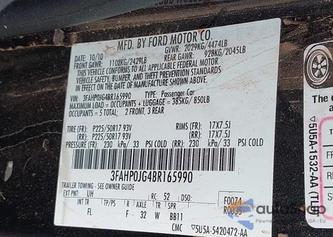 2011 Ford Fusion Sel from USA, damaged, VIN 3FAHP0JG4BR165990